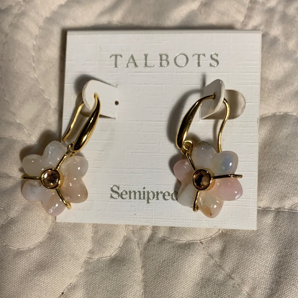 Talbots Gold Hoop Earrings with Pastel Multicolor Flower Drops